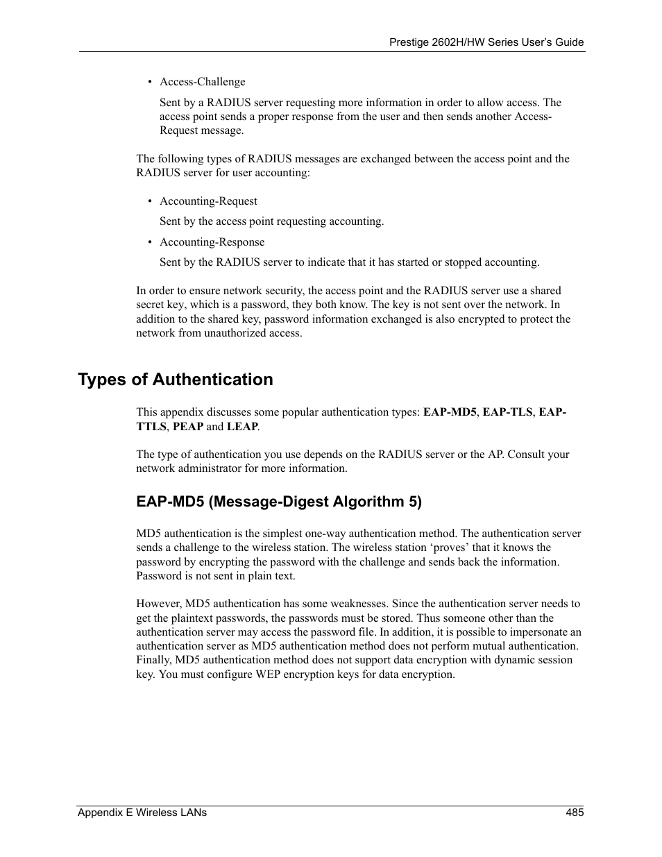 Types of authentication, Eap-md5 (message-digest algorithm 5) | ZyXEL Communications Prestige 2602H Series User Manual | Page 485 / 550