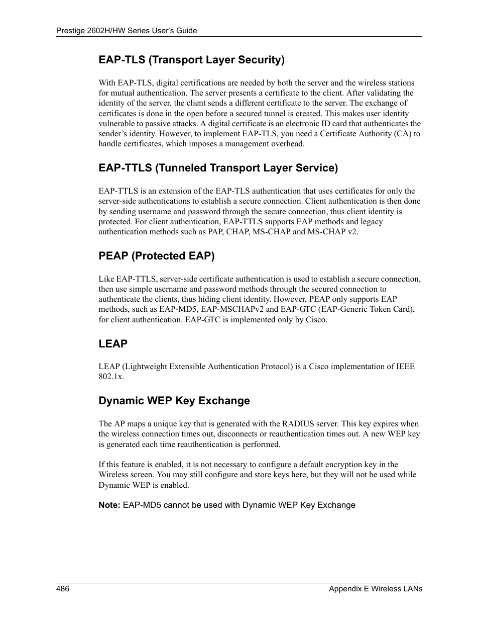 Leap dynamic wep key exchange | ZyXEL Communications Prestige 2602H Series User Manual | Page 486 / 550