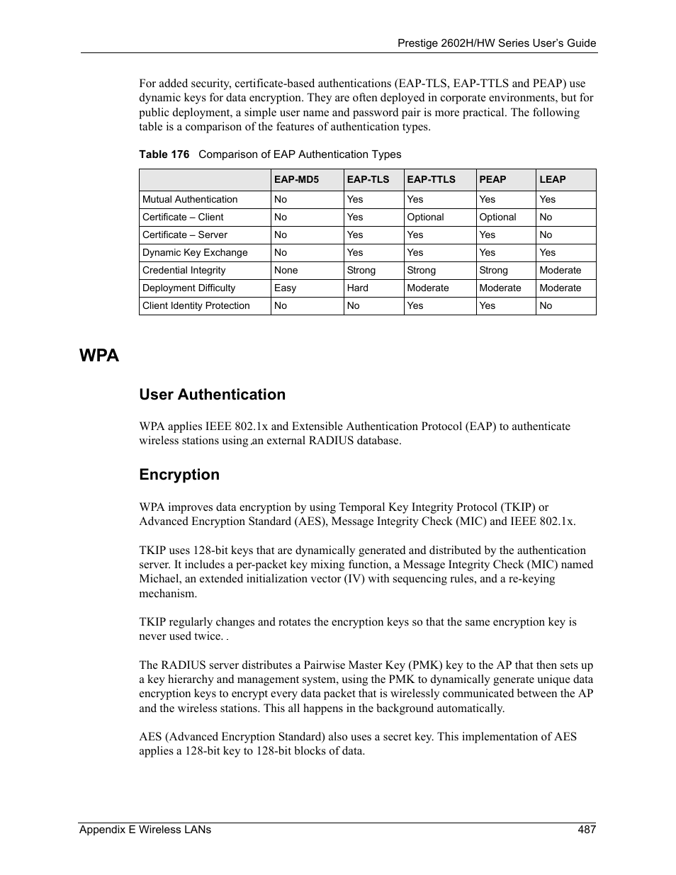 User authentication encryption, Table 176 comparison of eap authentication types, User authentication | Encryption | ZyXEL Communications Prestige 2602H Series User Manual | Page 487 / 550