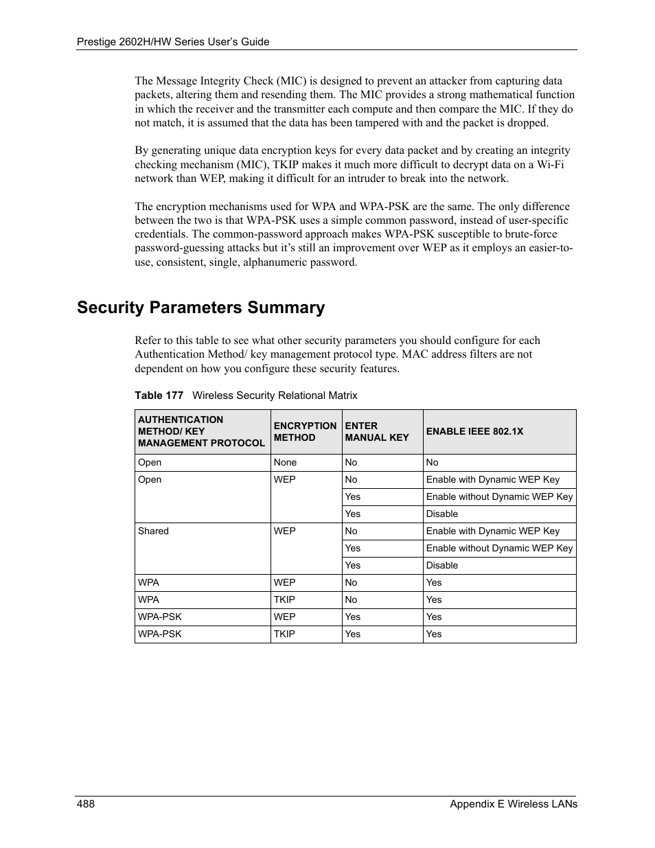 Security parameters summary, Table 177 wireless security relational matrix | ZyXEL Communications Prestige 2602H Series User Manual | Page 488 / 550