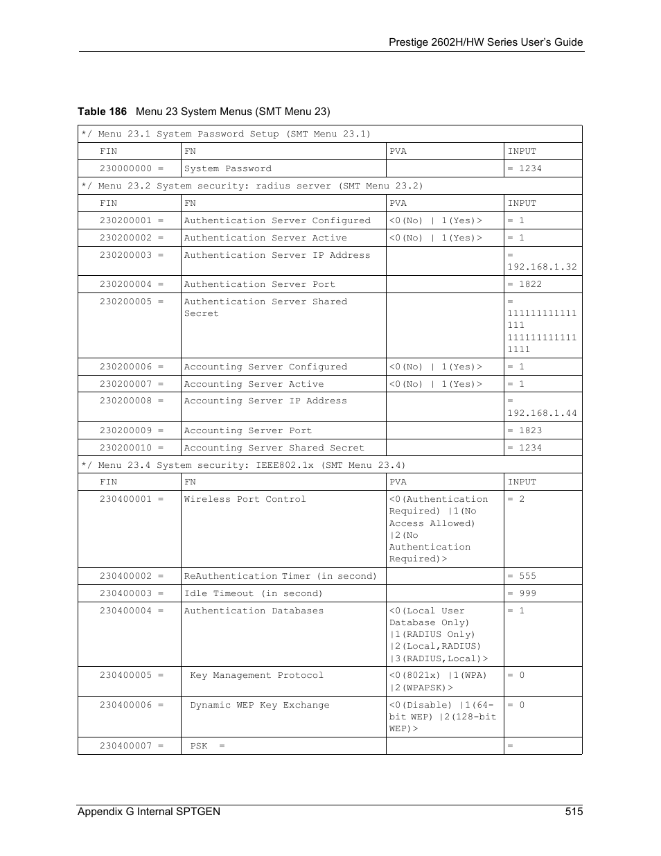 Table 186 menu 23 system menus (smt menu 23) | ZyXEL Communications Prestige 2602H Series User Manual | Page 515 / 550