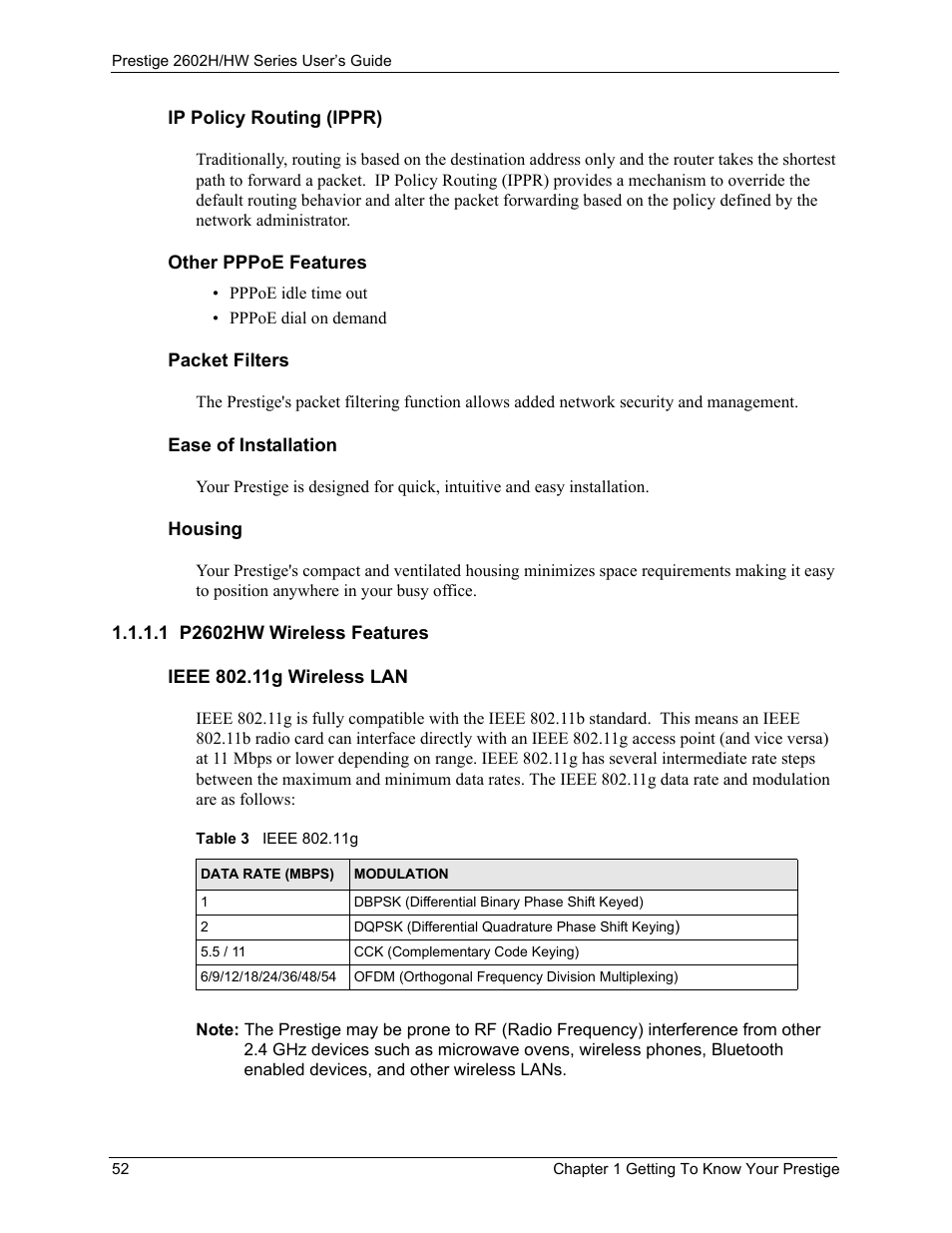 1 p2602hw wireless features, Table 3 ieee 802.11g | ZyXEL Communications Prestige 2602H Series User Manual | Page 52 / 550
