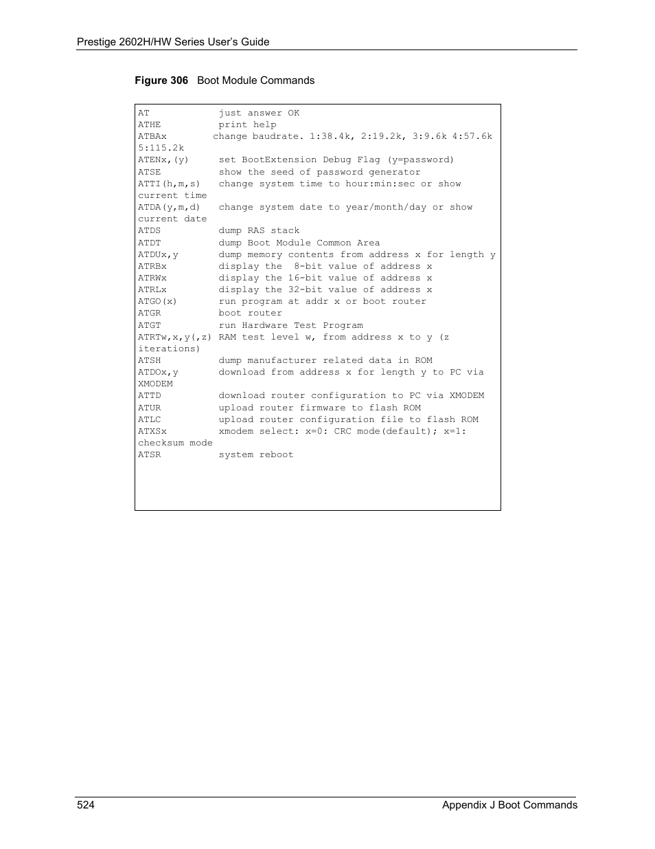 Figure 306 boot module commands | ZyXEL Communications Prestige 2602H Series User Manual | Page 524 / 550