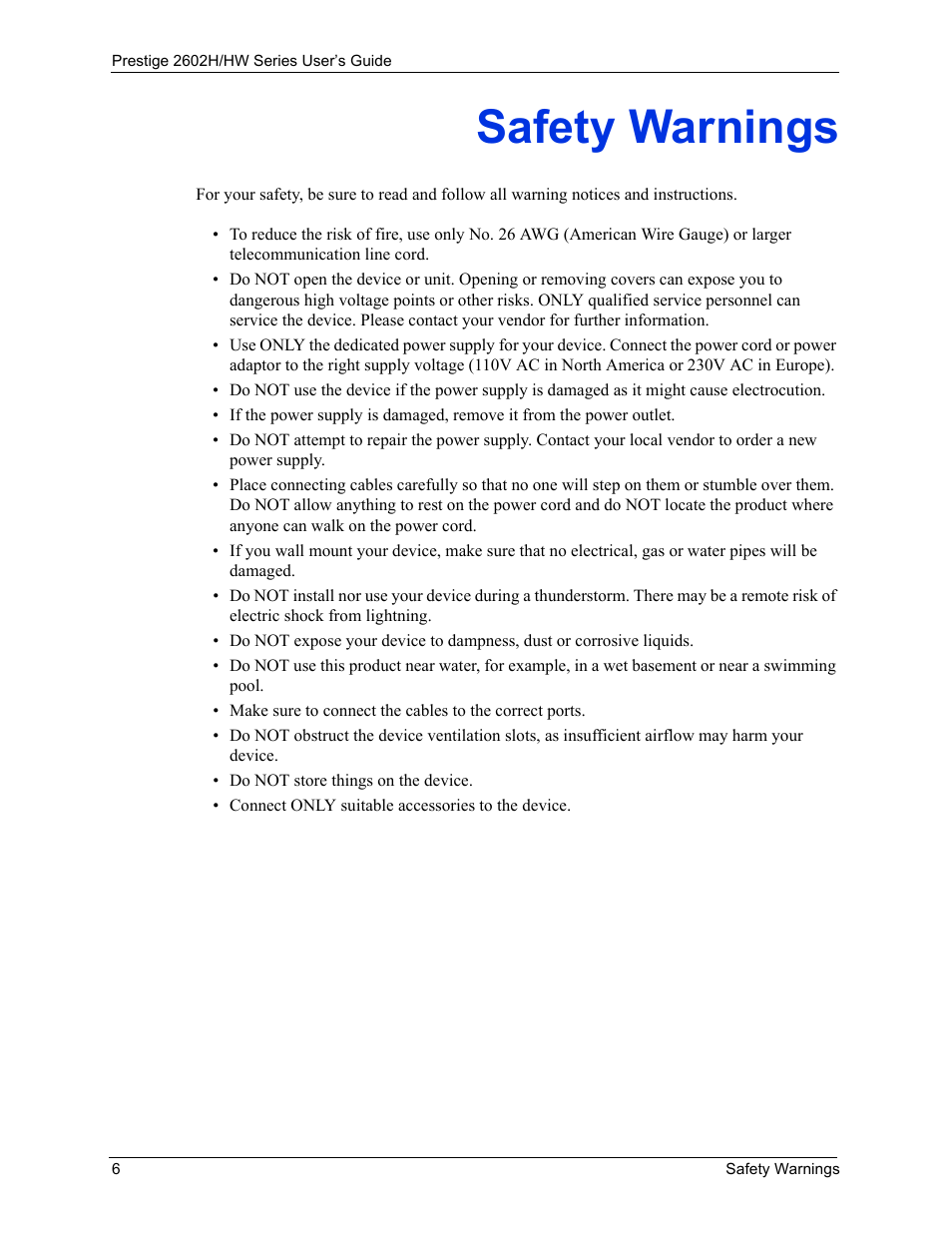Safety warnings | ZyXEL Communications Prestige 2602H Series User Manual | Page 6 / 550