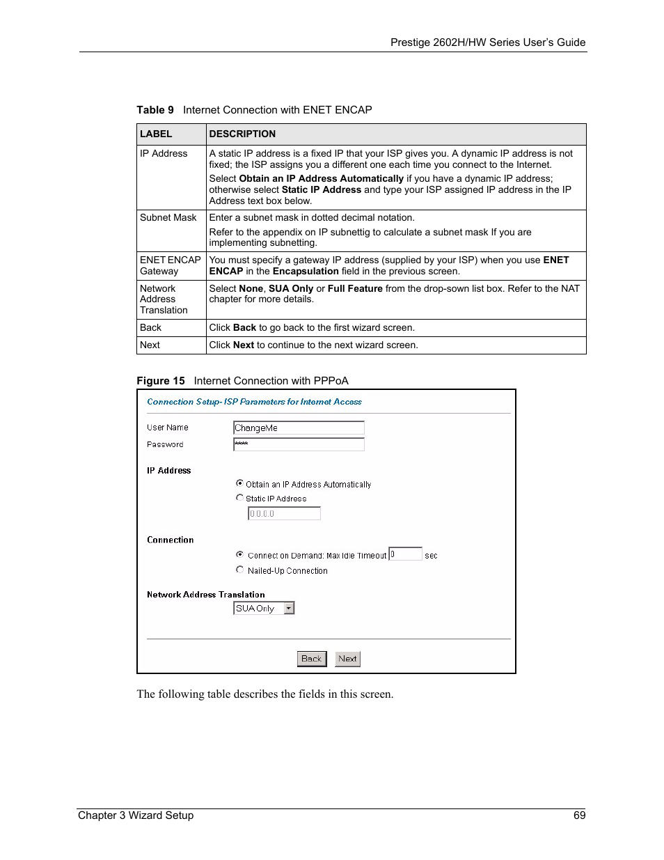 Figure 15 internet connection with pppoa, Table 9 internet connection with enet encap | ZyXEL Communications Prestige 2602H Series User Manual | Page 69 / 550