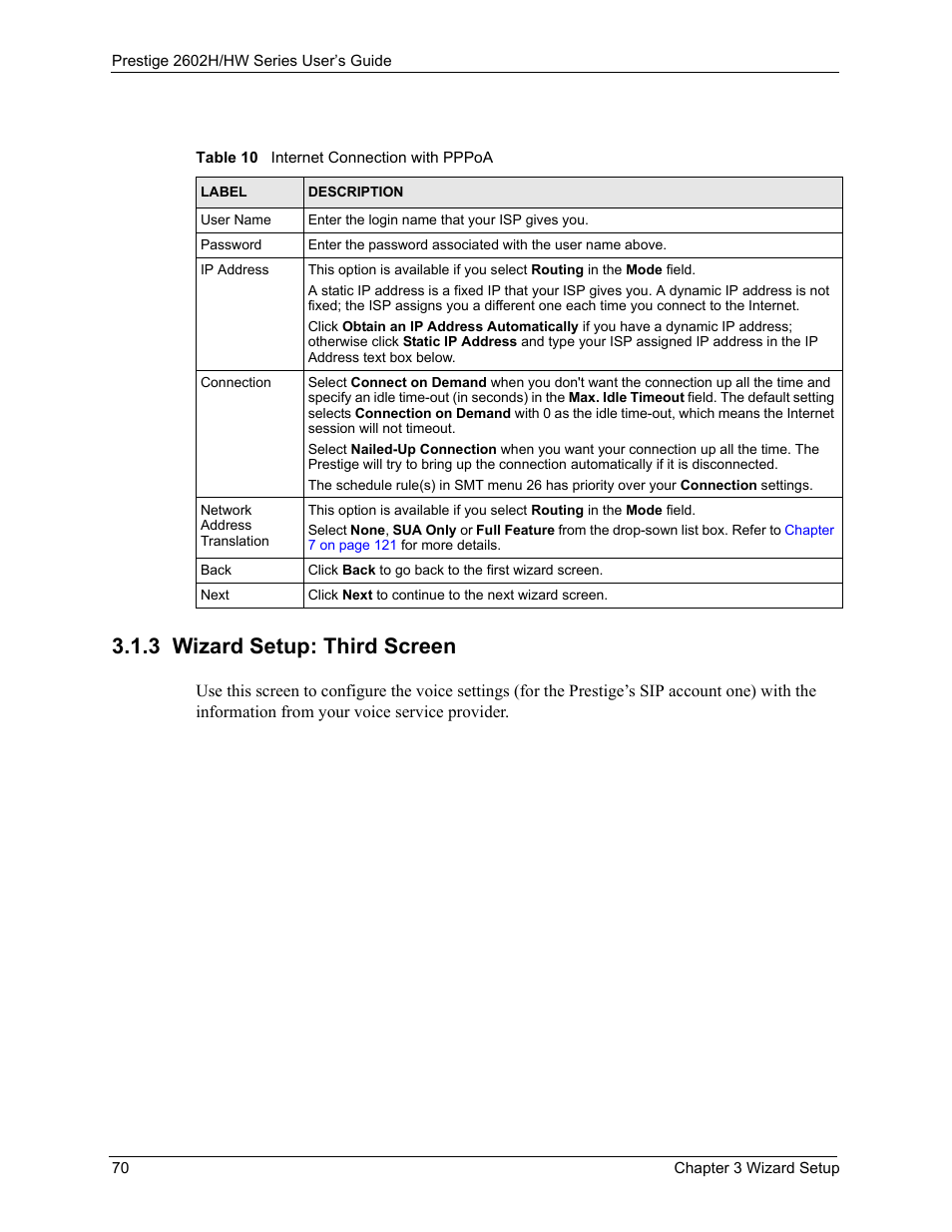 3 wizard setup: third screen, Table 10 internet connection with pppoa | ZyXEL Communications Prestige 2602H Series User Manual | Page 70 / 550