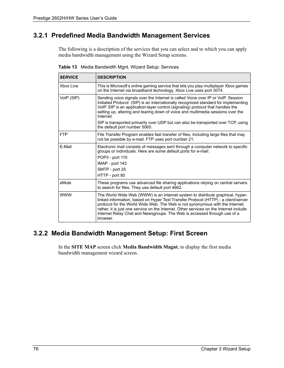 1 predefined media bandwidth management services, 2 media bandwidth management setup: first screen | ZyXEL Communications Prestige 2602H Series User Manual | Page 76 / 550