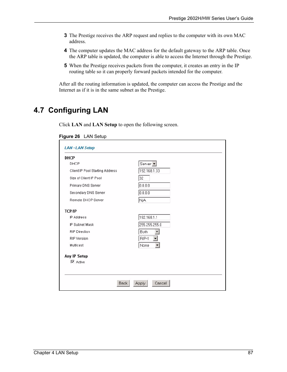 7 configuring lan, Figure 26 lan setup | ZyXEL Communications Prestige 2602H Series User Manual | Page 87 / 550