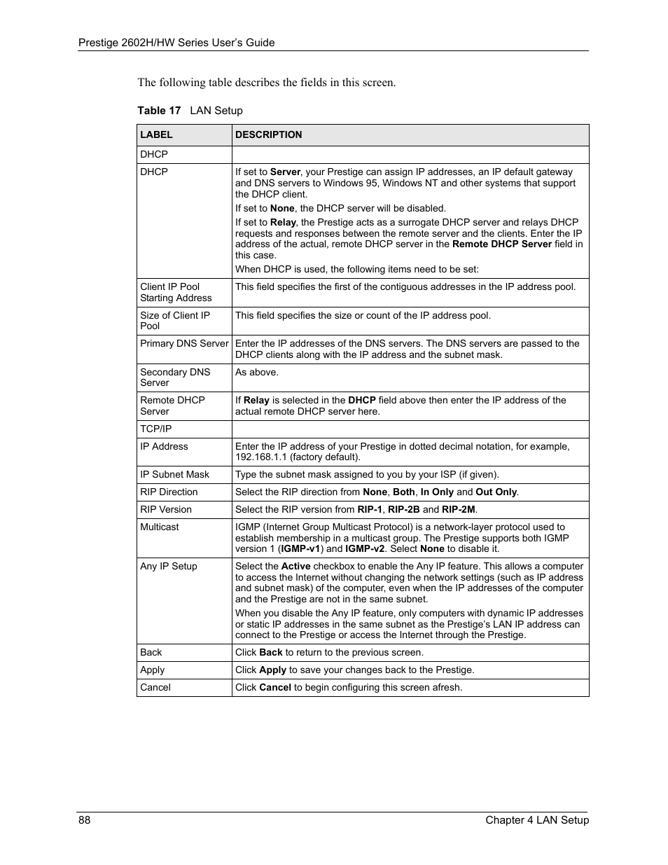 Table 17 lan setup | ZyXEL Communications Prestige 2602H Series User Manual | Page 88 / 550