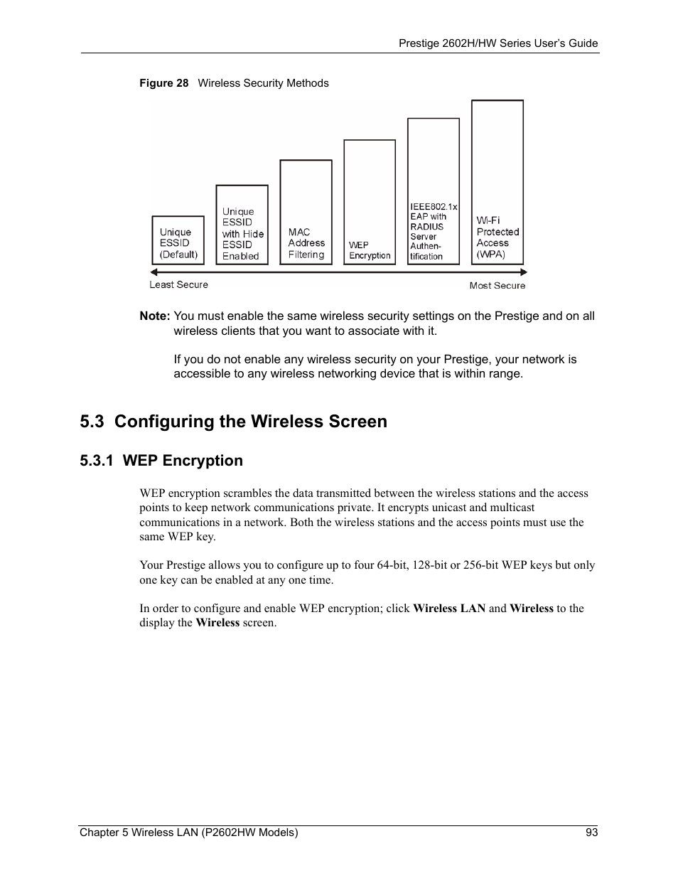 3 configuring the wireless screen, 1 wep encryption, Figure 28 wireless security methods | ZyXEL Communications Prestige 2602H Series User Manual | Page 93 / 550