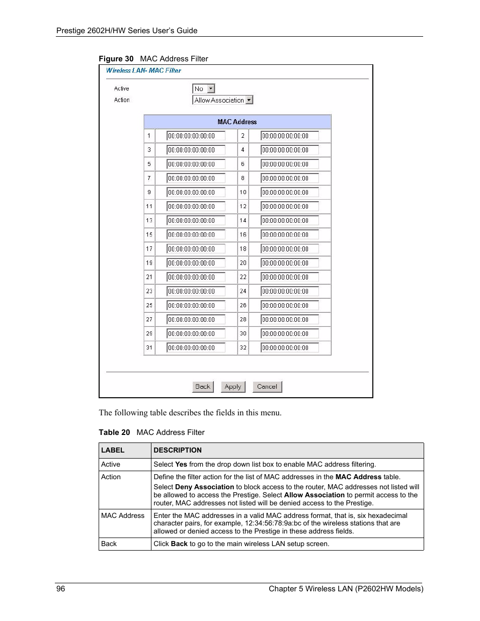 Figure 30 mac address filter, Table 20 mac address filter | ZyXEL Communications Prestige 2602H Series User Manual | Page 96 / 550