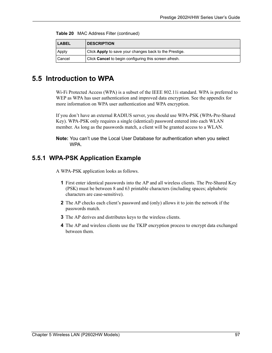 5 introduction to wpa, 1 wpa-psk application example | ZyXEL Communications Prestige 2602H Series User Manual | Page 97 / 550