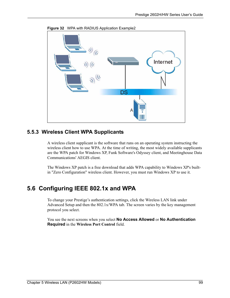 3 wireless client wpa supplicants, 6 configuring ieee 802.1x and wpa, Figure 32 wpa with radius application example2 | ZyXEL Communications Prestige 2602H Series User Manual | Page 99 / 550