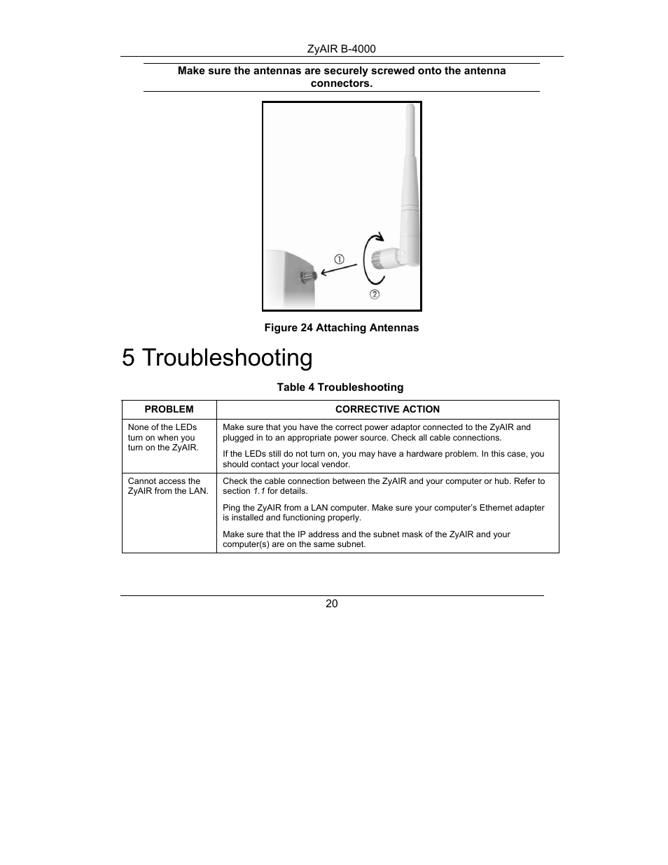 Troubleshooting, 5 troubleshooting | ZyXEL Communications ZYAIR B-4000 User Manual | Page 21 / 22