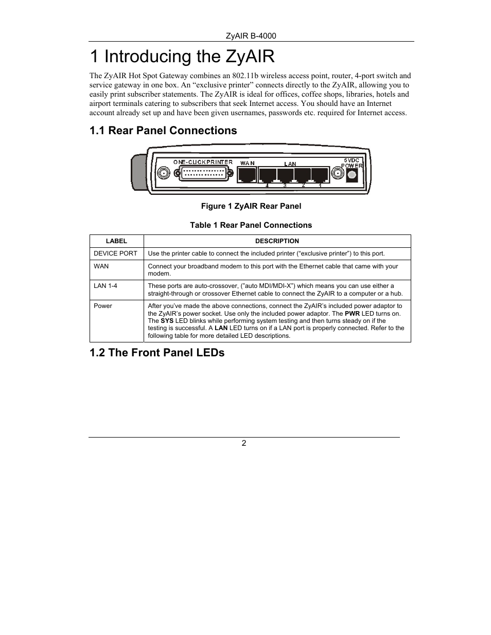 Introducing the zyair, Rear panel connections, The front panel leds | 1 introducing the zyair, 1 rear panel connections, 2 the front panel leds | ZyXEL Communications ZYAIR B-4000 User Manual | Page 3 / 22