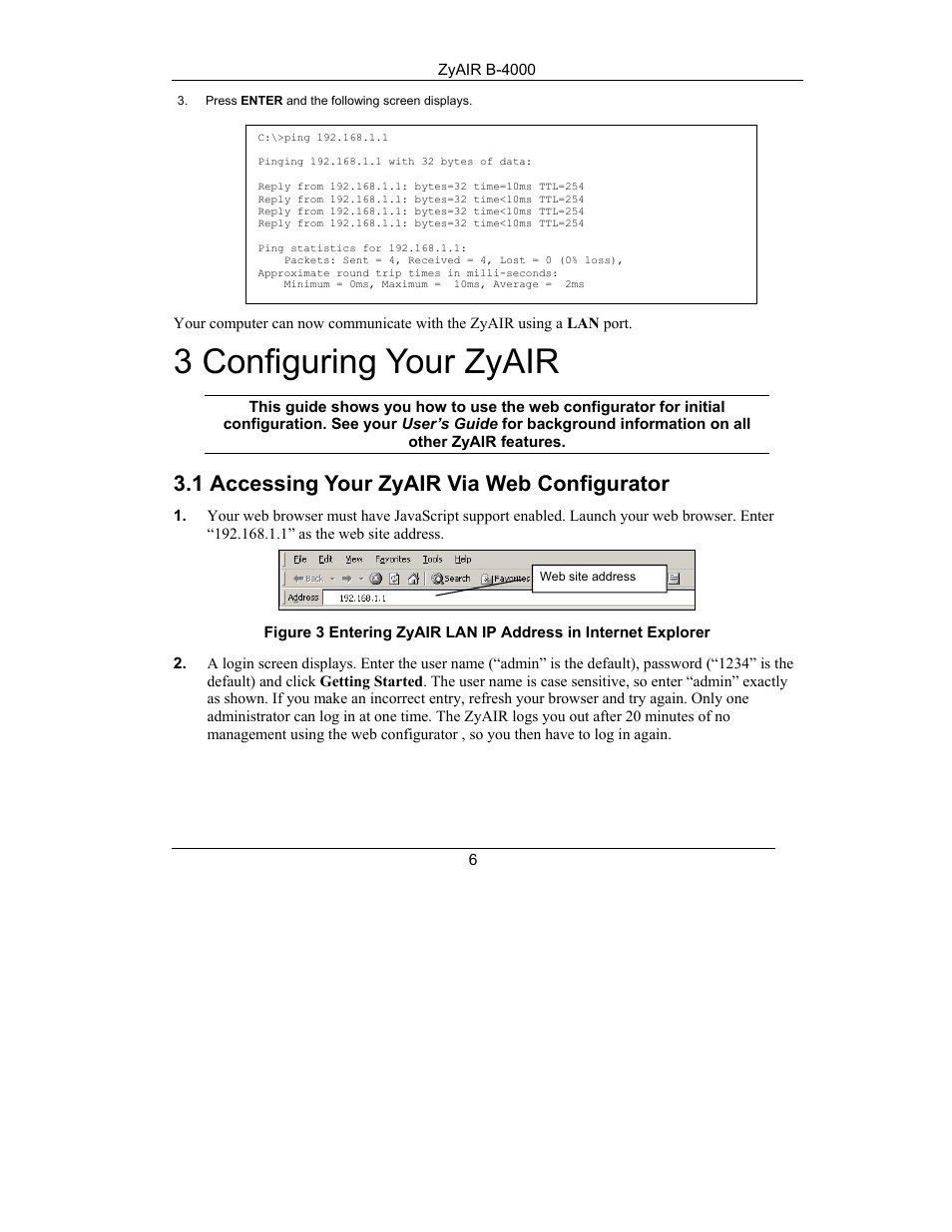 Configuring your zyair, Accessing your zyair via web configurator, 3 configuring your zyair | 1 accessing your zyair via web configurator | ZyXEL Communications ZYAIR B-4000 User Manual | Page 7 / 22