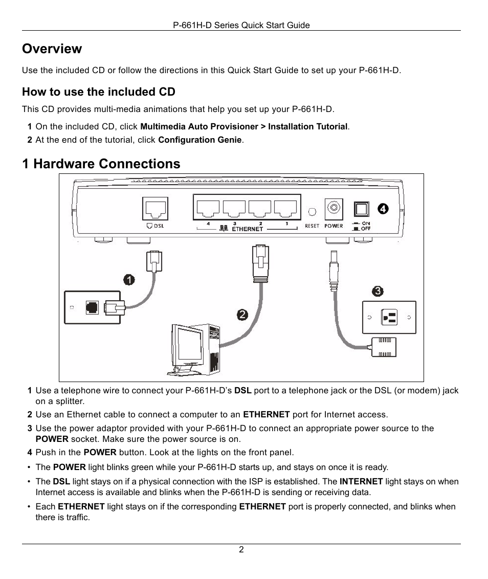 Overview, How to use the included cd, 1 hardware connections | ZyXEL Communications P-661H-D Series User Manual | Page 2 / 5