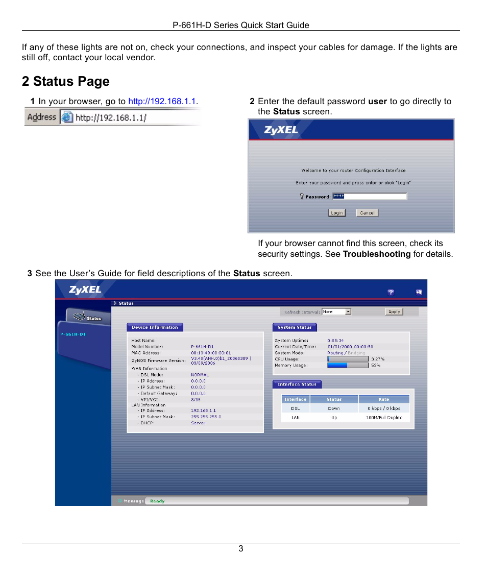2 status page | ZyXEL Communications P-661H-D Series User Manual | Page 3 / 5
