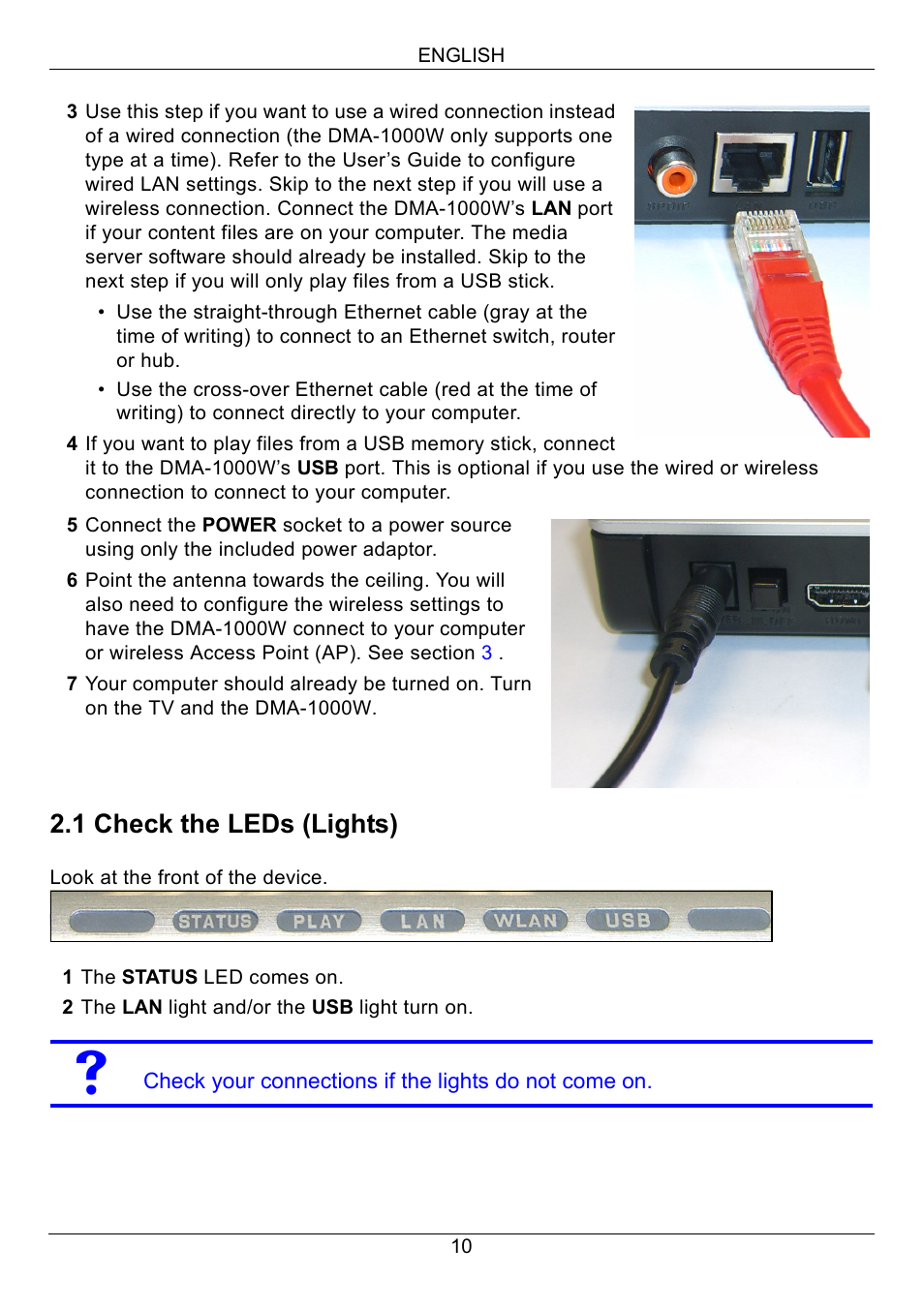 1 check the leds (lights) | ZyXEL Communications 802.11 Wireless Digital Media Adaptor DMA-1000W User Manual | Page 10 / 121