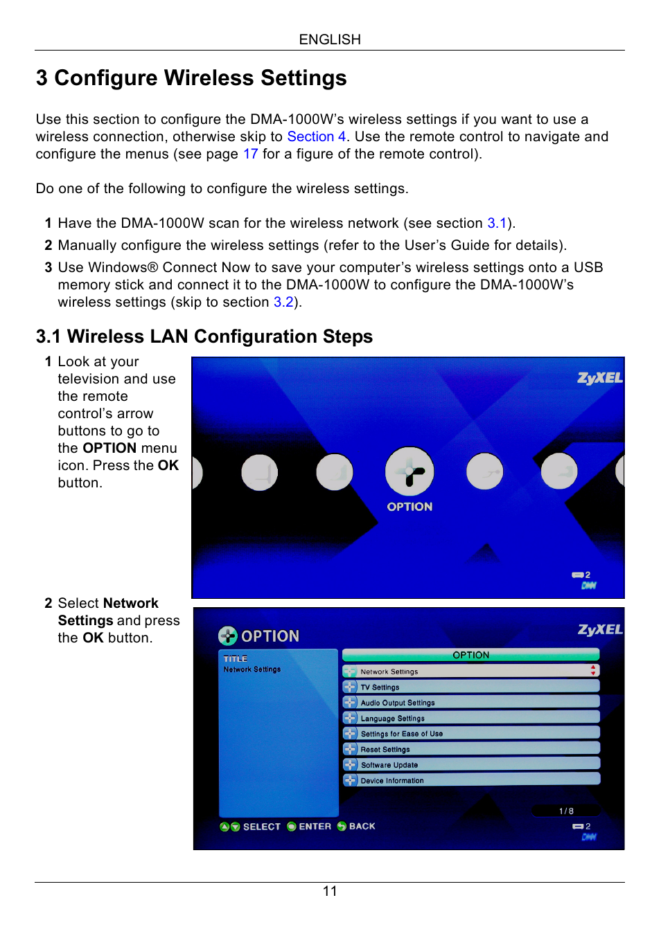 3 configure wireless settings, 1 wireless lan configuration steps | ZyXEL Communications 802.11 Wireless Digital Media Adaptor DMA-1000W User Manual | Page 11 / 121