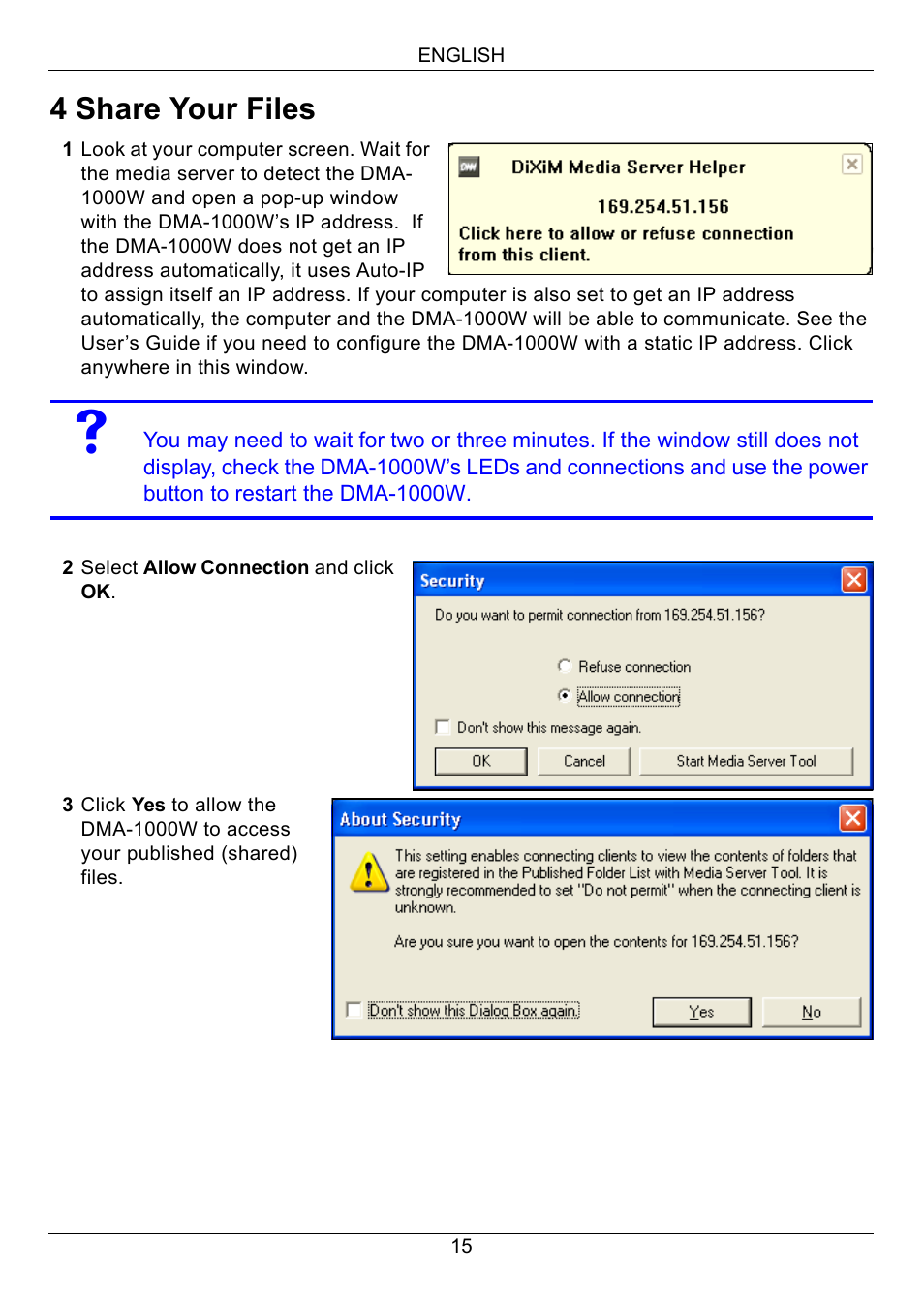 4 share your files | ZyXEL Communications 802.11 Wireless Digital Media Adaptor DMA-1000W User Manual | Page 15 / 121