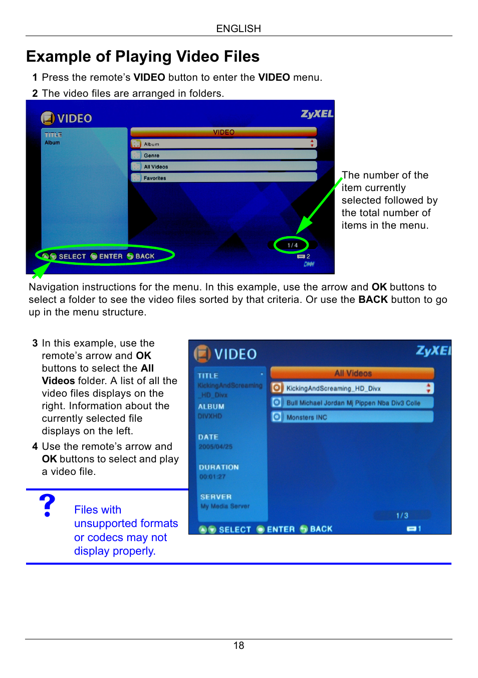 Example of playing video files | ZyXEL Communications 802.11 Wireless Digital Media Adaptor DMA-1000W User Manual | Page 18 / 121