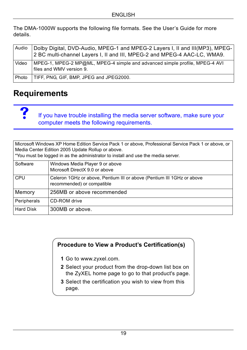 Requirements | ZyXEL Communications 802.11 Wireless Digital Media Adaptor DMA-1000W User Manual | Page 19 / 121