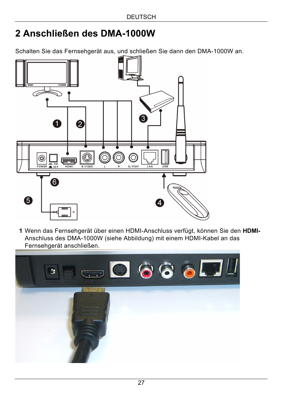Anschließen des dma-1000w | ZyXEL Communications 802.11 Wireless Digital Media Adaptor DMA-1000W User Manual | Page 27 / 121