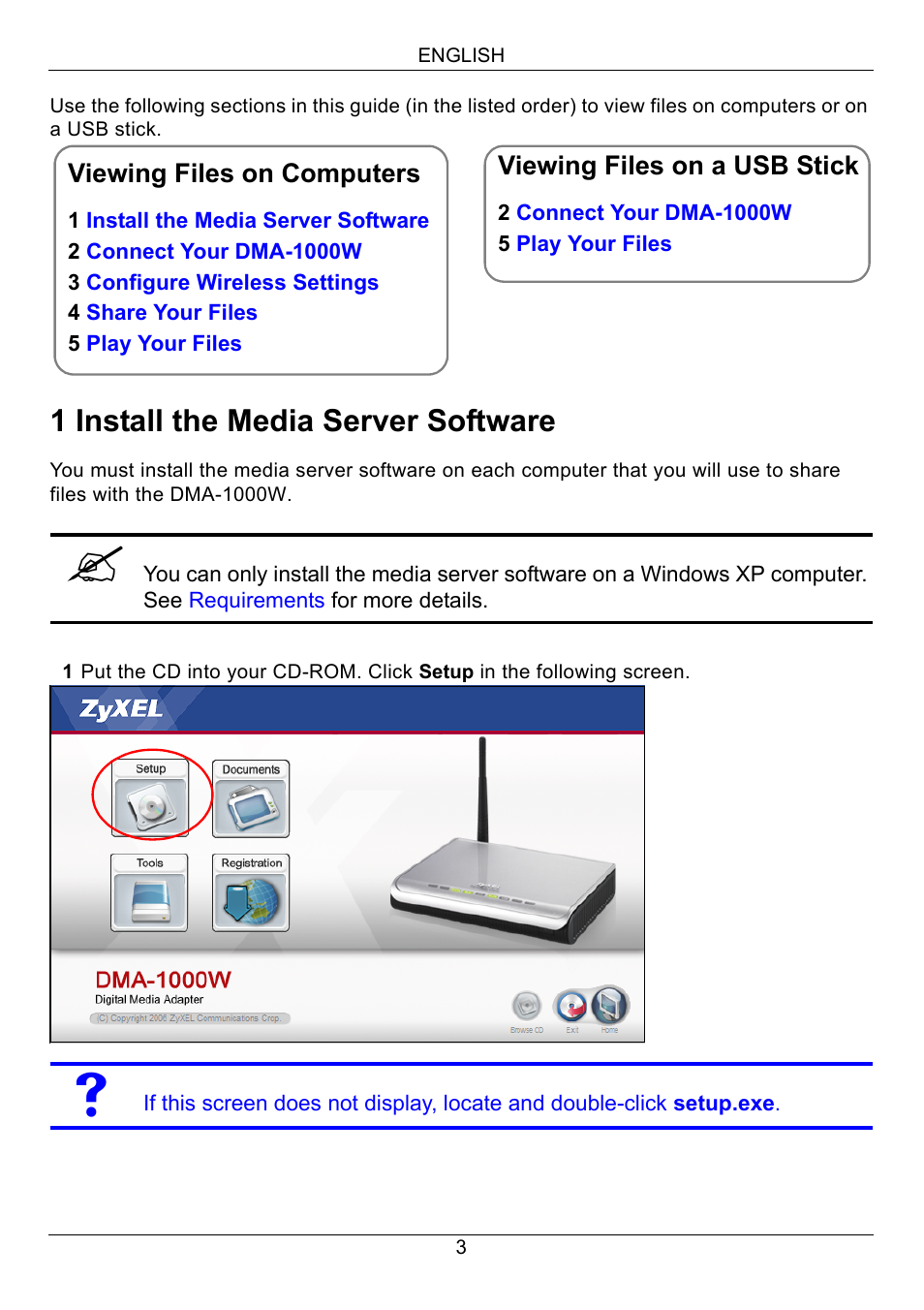 1 install the media server software | ZyXEL Communications 802.11 Wireless Digital Media Adaptor DMA-1000W User Manual | Page 3 / 121