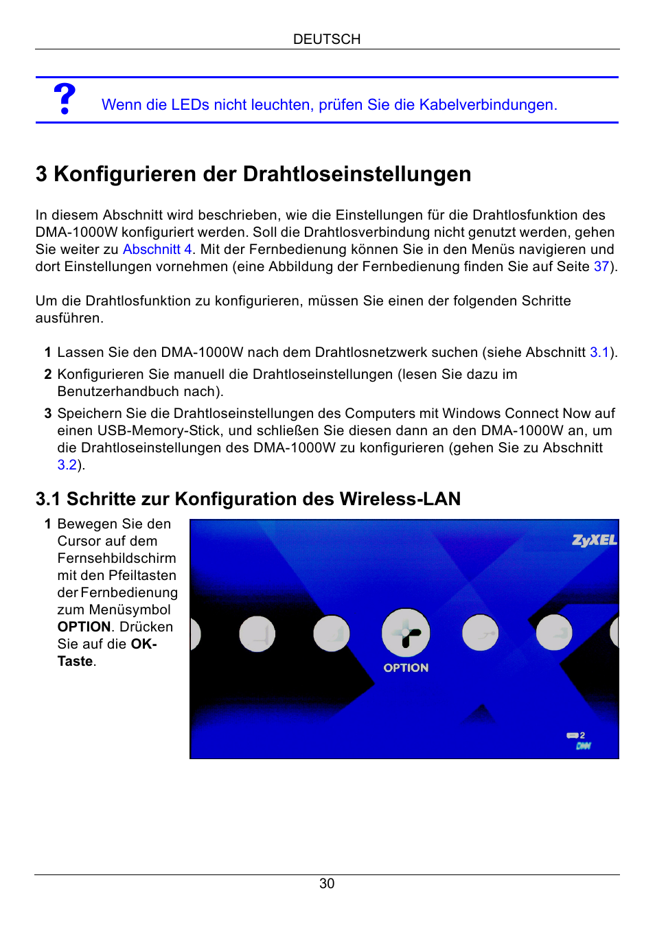 3 konfigurieren der drahtloseinstellungen, 1 schritte zur konfiguration des wireless-lan | ZyXEL Communications 802.11 Wireless Digital Media Adaptor DMA-1000W User Manual | Page 30 / 121