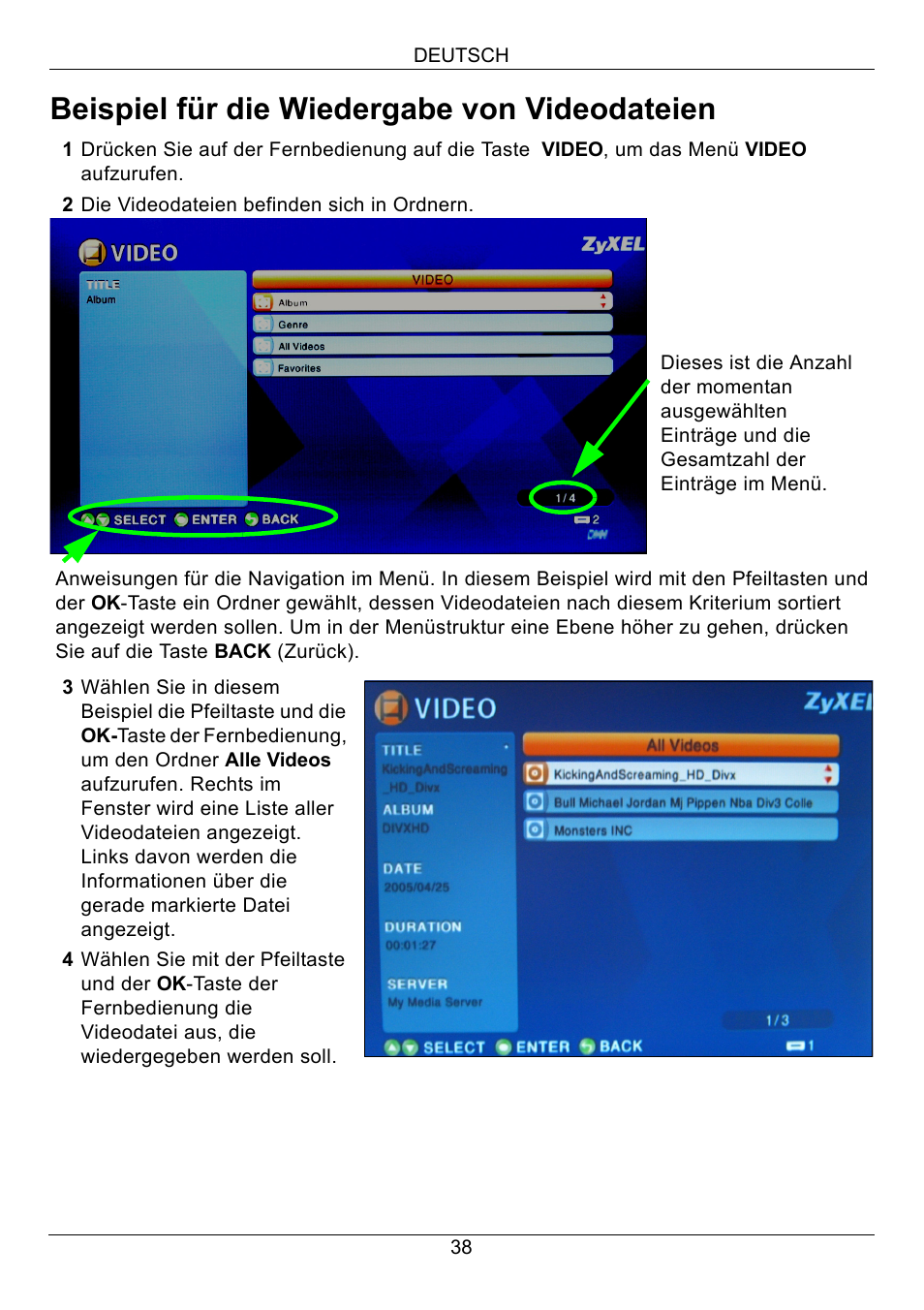 Beispiel für die wiedergabe von videodateien | ZyXEL Communications 802.11 Wireless Digital Media Adaptor DMA-1000W User Manual | Page 38 / 121