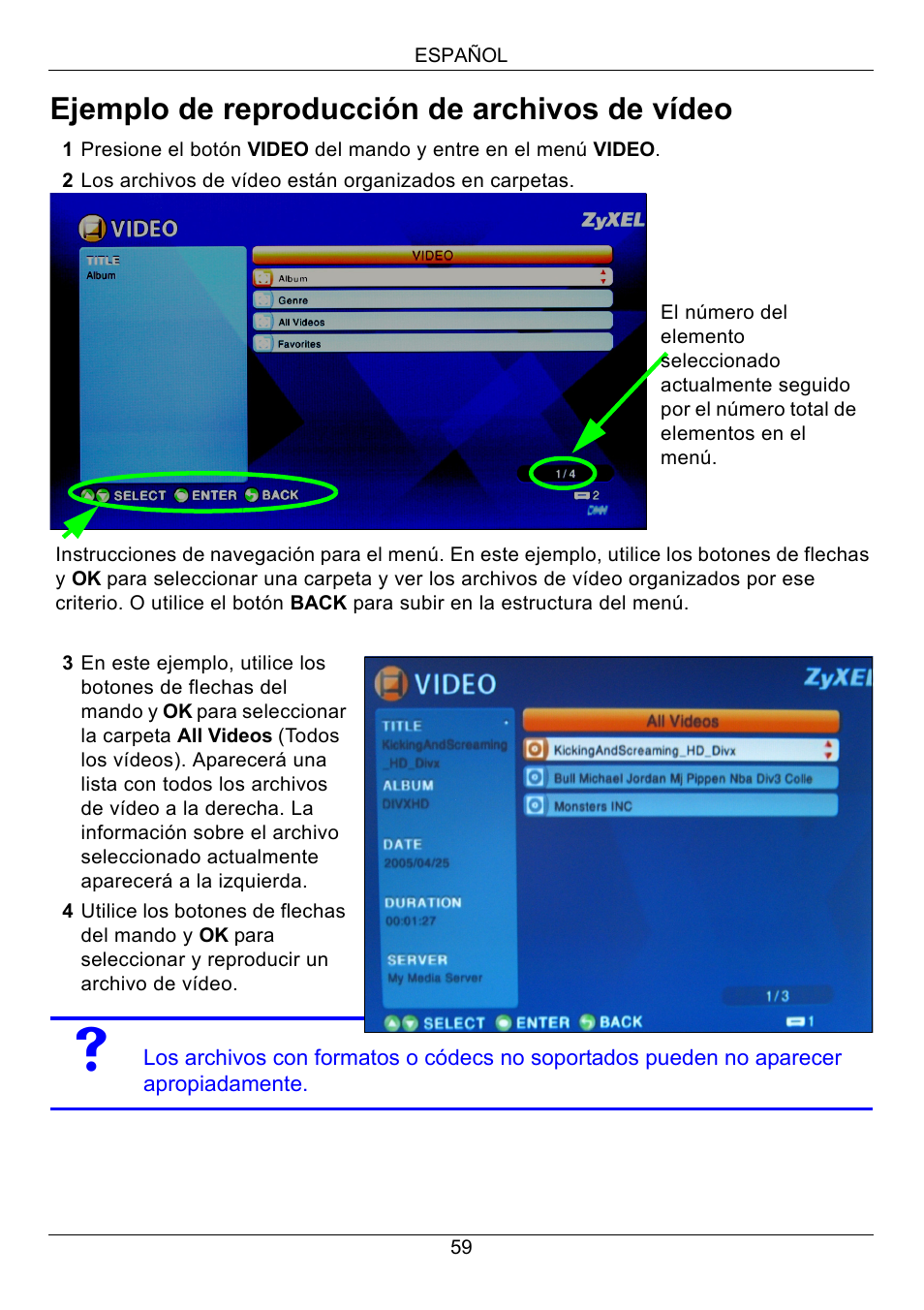 Ejemplo de reproducción de archivos de vídeo | ZyXEL Communications 802.11 Wireless Digital Media Adaptor DMA-1000W User Manual | Page 59 / 121