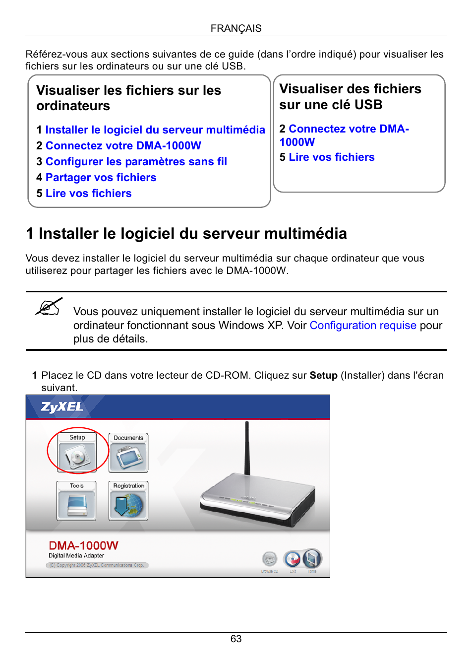 1 installer le logiciel du serveur multimédia | ZyXEL Communications 802.11 Wireless Digital Media Adaptor DMA-1000W User Manual | Page 63 / 121