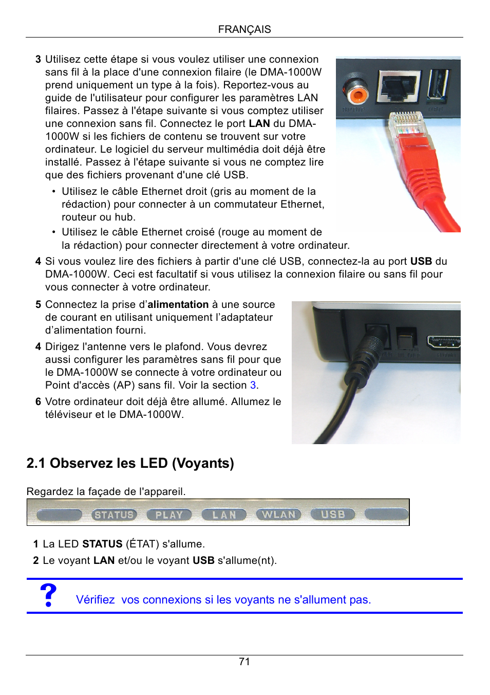 1 observez les led (voyants) | ZyXEL Communications 802.11 Wireless Digital Media Adaptor DMA-1000W User Manual | Page 71 / 121