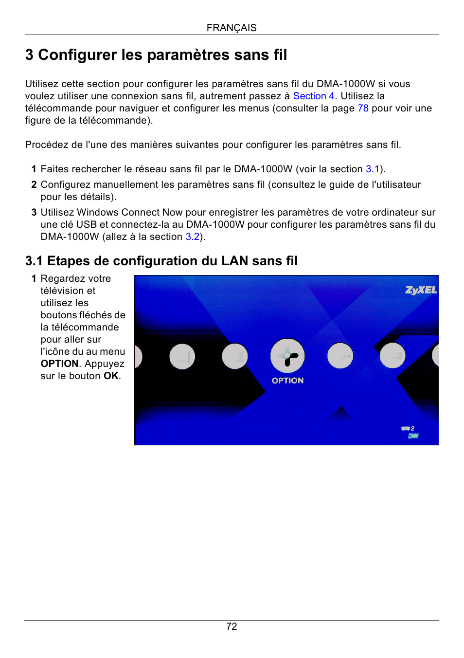 3 configurer les paramètres sans fil, 1 etapes de configuration du lan sans fil | ZyXEL Communications 802.11 Wireless Digital Media Adaptor DMA-1000W User Manual | Page 72 / 121