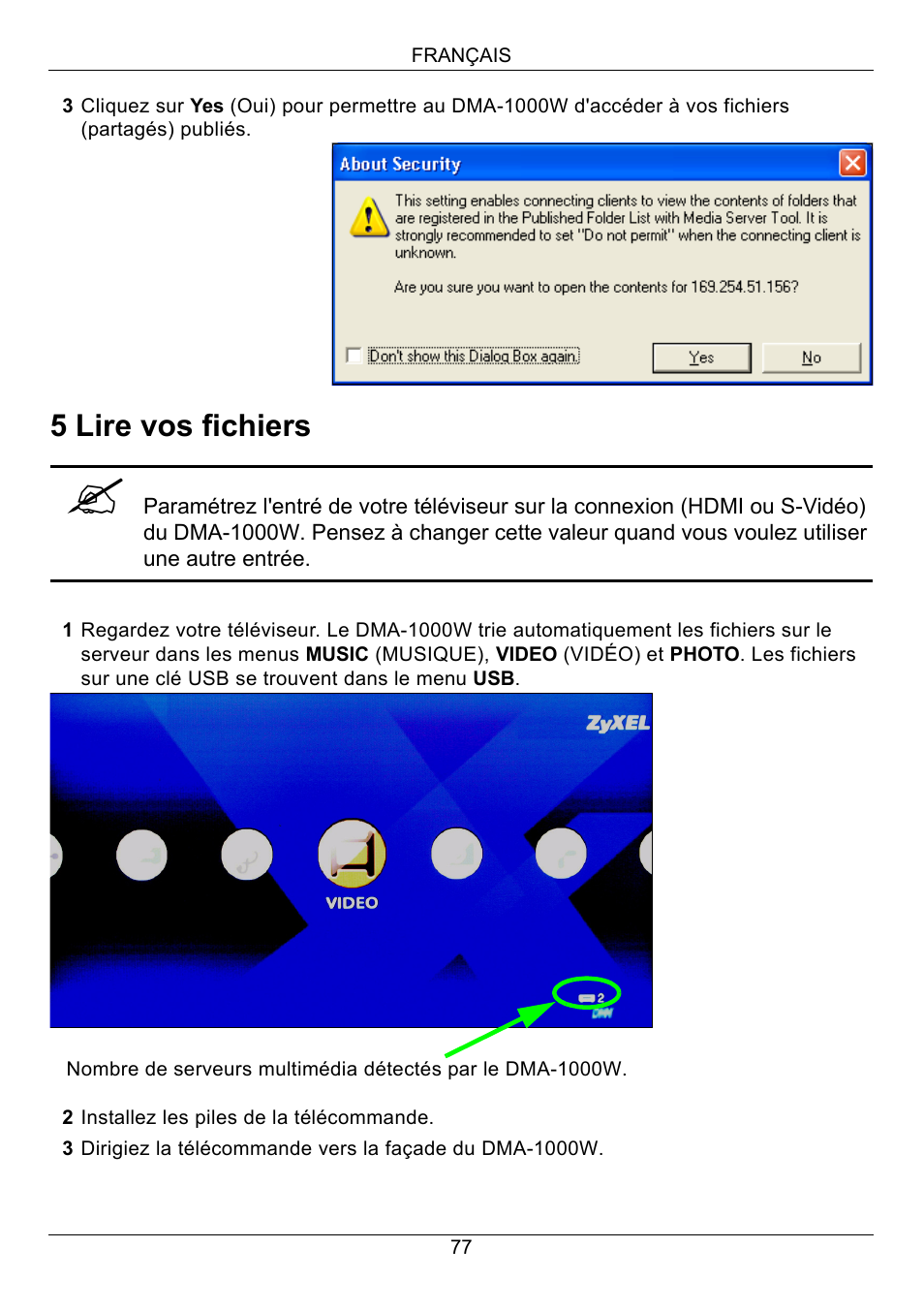 Lire vos fichiers, 5 lire vos fichiers | ZyXEL Communications 802.11 Wireless Digital Media Adaptor DMA-1000W User Manual | Page 77 / 121