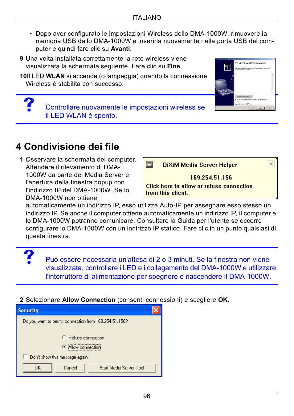 Condivisione dei file, Section 4, Utilizza | 4 condivisione dei file | ZyXEL Communications 802.11 Wireless Digital Media Adaptor DMA-1000W User Manual | Page 96 / 121