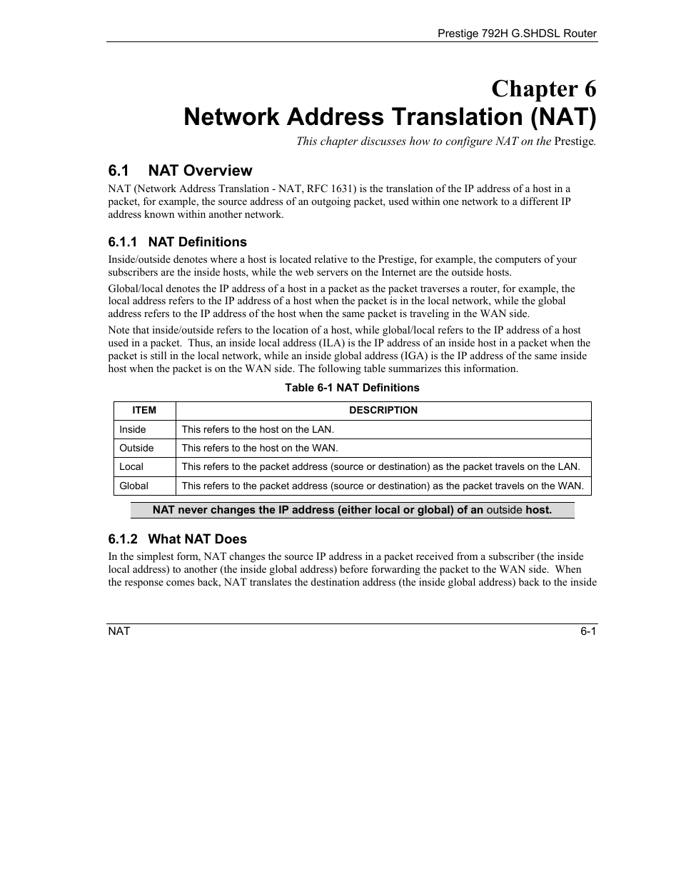 Network address translation (nat), Nat overview, Chapter 6 network address translation (nat) | 1 nat overview | ZyXEL Communications 792H User Manual | Page 103 / 428