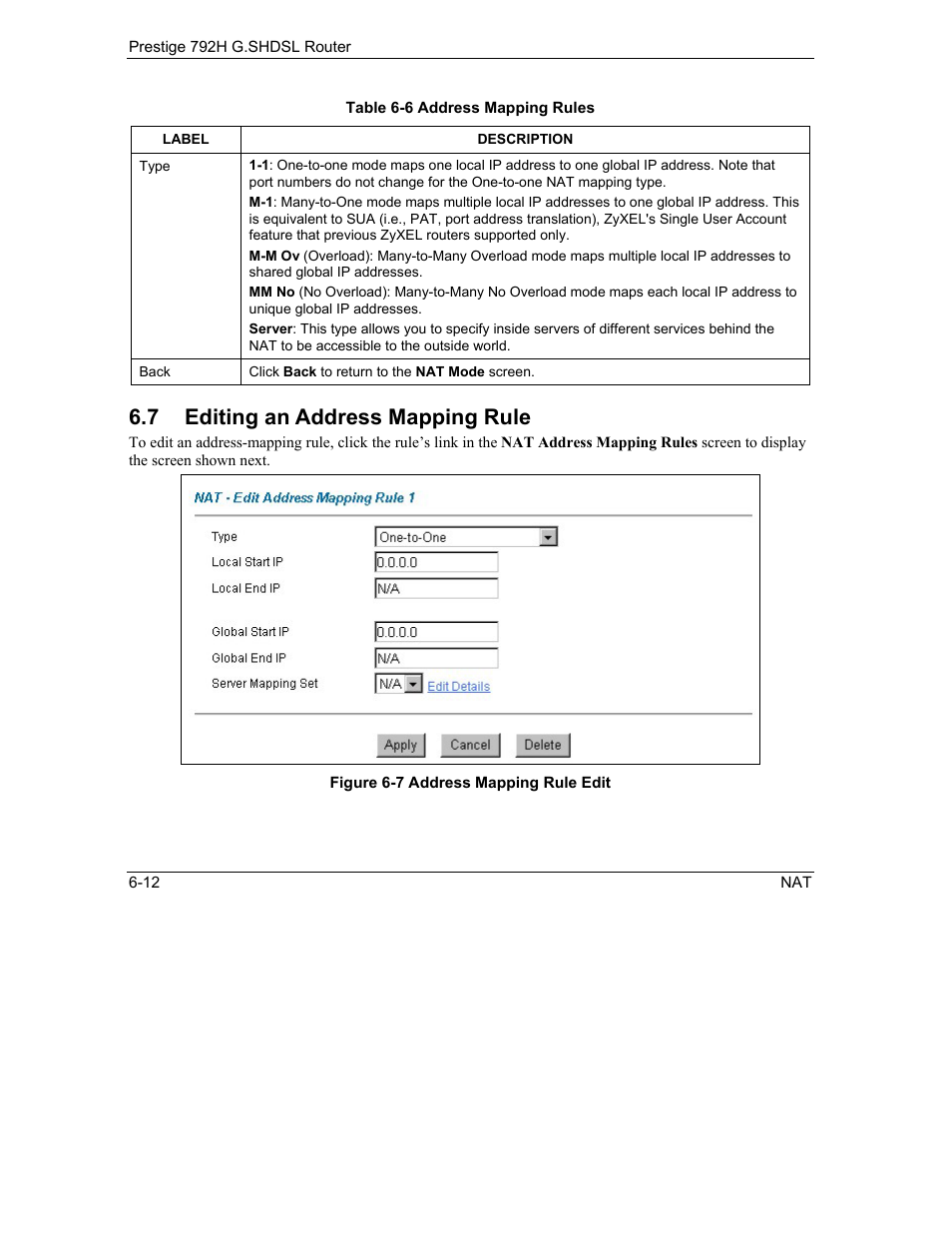 Editing an address mapping rule, 7 editing an address mapping rule | ZyXEL Communications 792H User Manual | Page 114 / 428