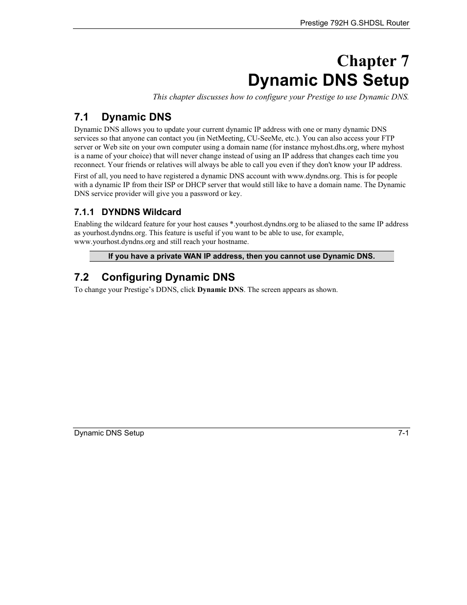 Dynamic dns setup, Dynamic dns, Configuring dynamic dns | Chapter 7 dynamic dns setup | ZyXEL Communications 792H User Manual | Page 117 / 428