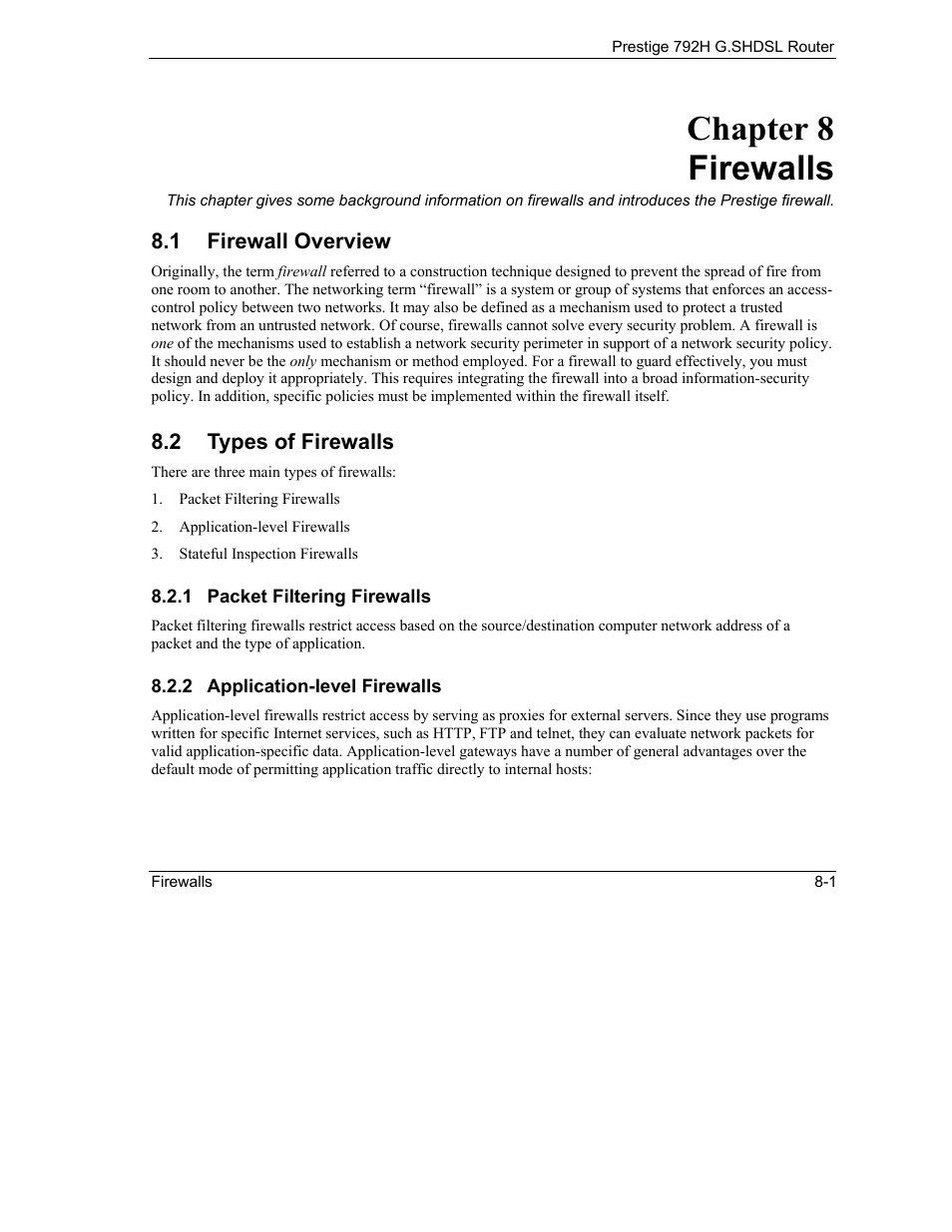 Firewalls, Firewall overview, Types of firewalls | Chapter 8 firewalls | ZyXEL Communications 792H User Manual | Page 121 / 428