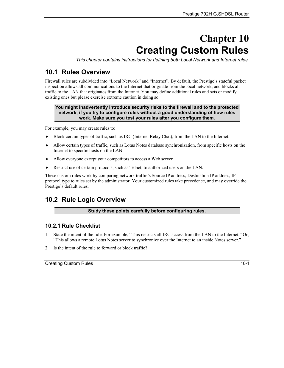 Creating custom rules, Rules overview, Rule logic overview | Chapter 10 creating custom rules, 1 rules overview, 2 rule logic overview | ZyXEL Communications 792H User Manual | Page 143 / 428