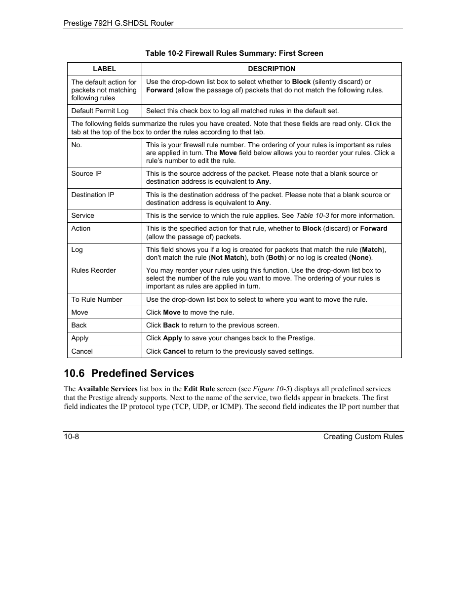 Predefined services, 6 predefined services | ZyXEL Communications 792H User Manual | Page 150 / 428
