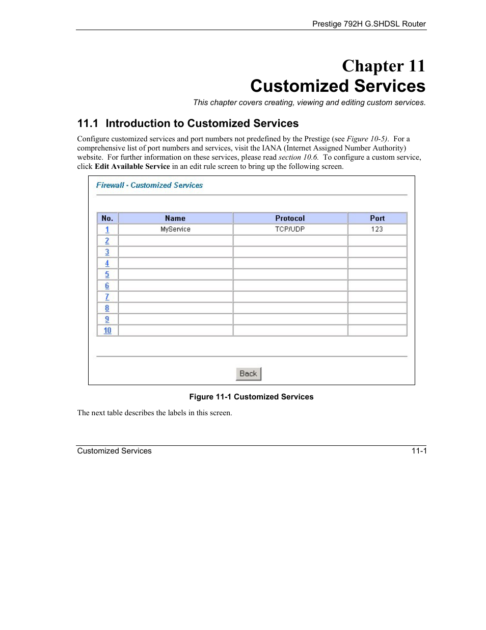 Customized services, Introduction to customized services, Chapter 11 customized services | ZyXEL Communications 792H User Manual | Page 159 / 428