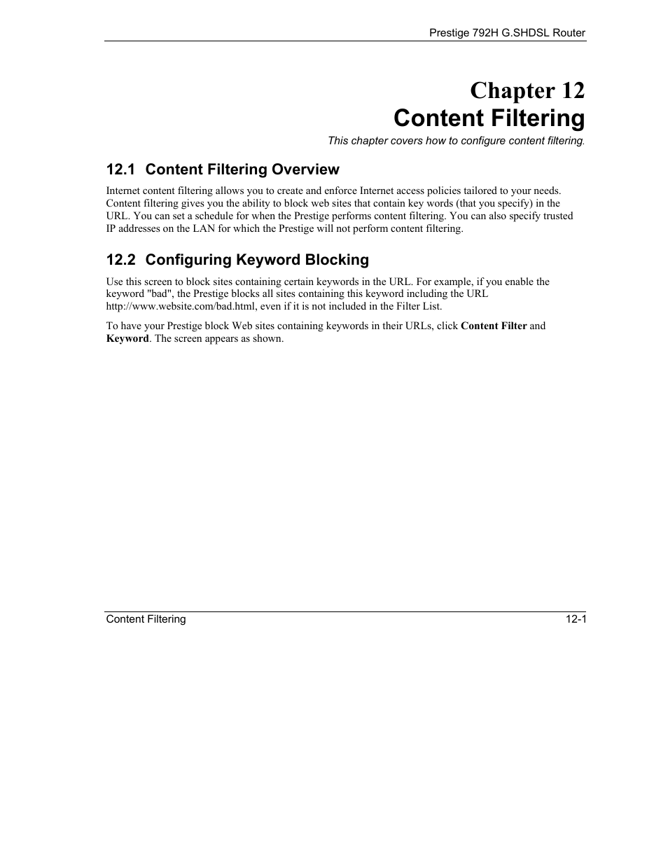 Content filtering, Content filtering overview, Configuring keyword blocking | Chapter 12 content filtering | ZyXEL Communications 792H User Manual | Page 165 / 428