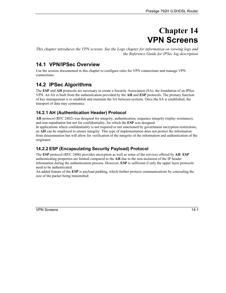 Vpn screens, Vpn/ipsec overview, Ipsec algorithms | Chapter 14 vpn screens | ZyXEL Communications 792H User Manual | Page 179 / 428