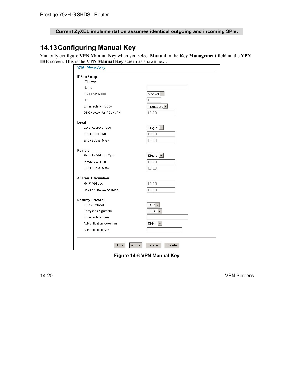 Configuring manual key, 13 configuring manual key | ZyXEL Communications 792H User Manual | Page 198 / 428