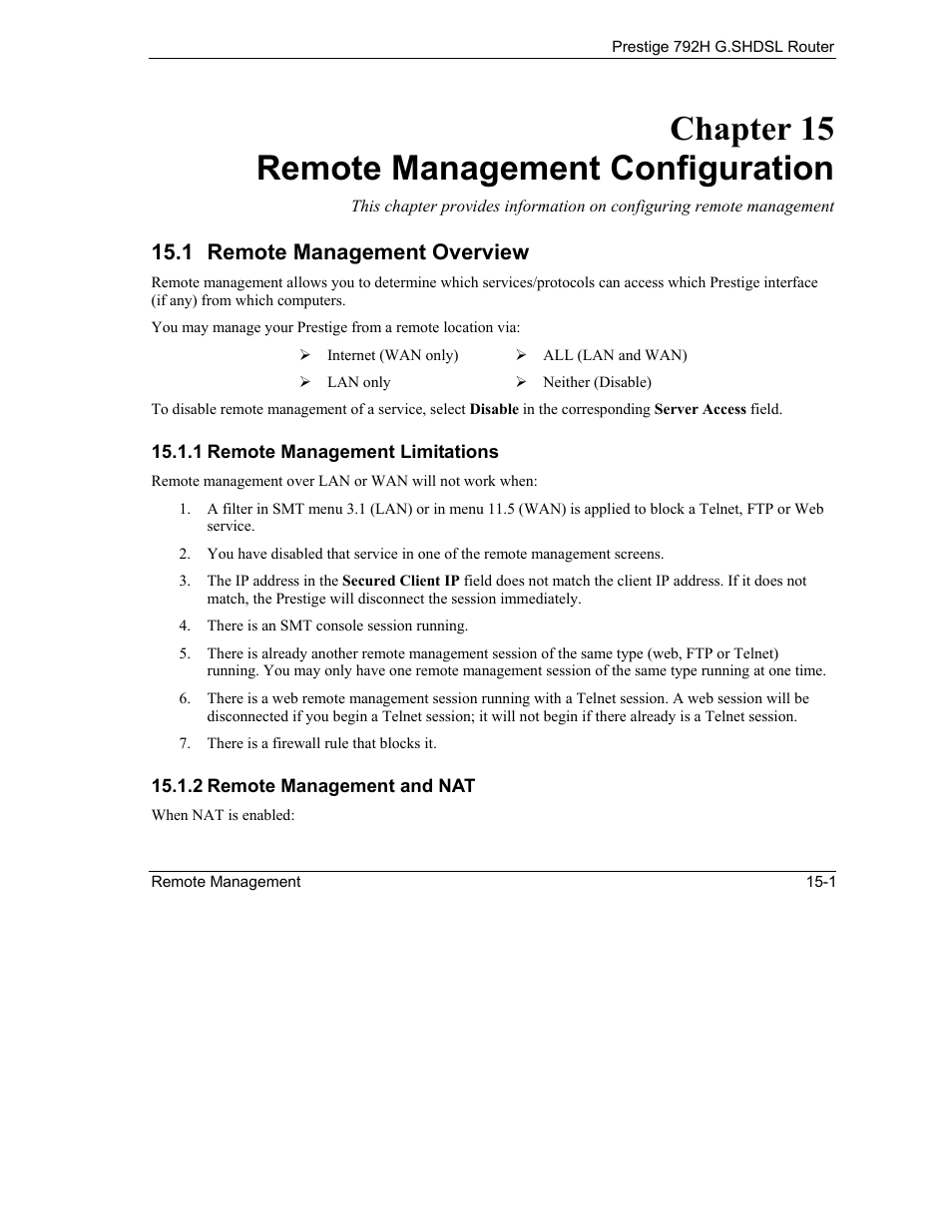 Remote management configuration, Remote management overview, Chapter 15 remote management configuration | 1 remote management overview | ZyXEL Communications 792H User Manual | Page 213 / 428