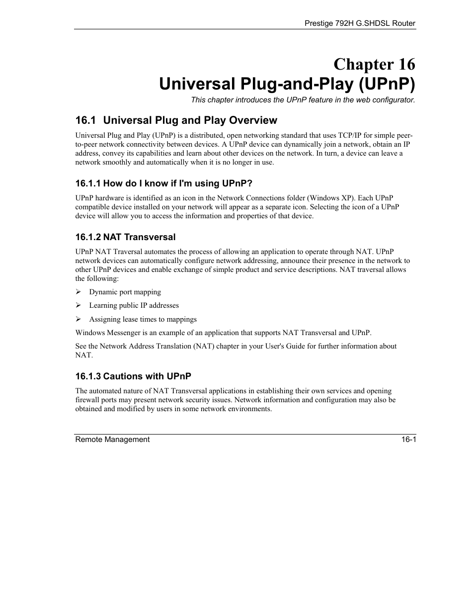 Universal plug-and-play (upnp), Universal plug and play overview, Chapter 16 universal plug-and-play (upnp) | ZyXEL Communications 792H User Manual | Page 216 / 428