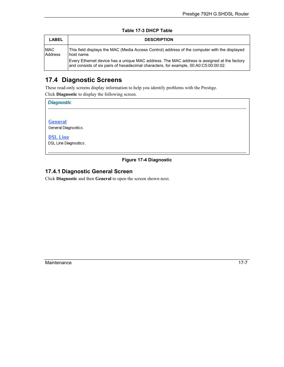 Diagnostic screens, 4 diagnostic screens | ZyXEL Communications 792H User Manual | Page 233 / 428